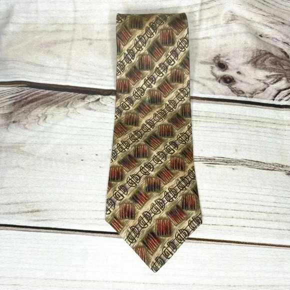 Pattinni Mens Silk Tie Extra Long 61.25” Long Tan Gold Black 4” Wide - Picture 2 of 8